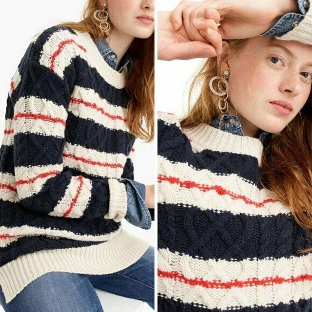 New J.Crew Cable Knit Sweater Womens XS Cream Ivory Blue Red Stripe Fisherman